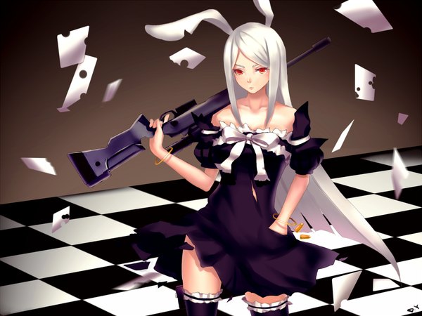 Anime picture 1000x750 with dragon nest archer (dragon nest) polkadotedflower single long hair looking at viewer red eyes animal ears white hair bunny ears checkered floor girl thighhighs dress weapon black thighhighs bracelet gun
