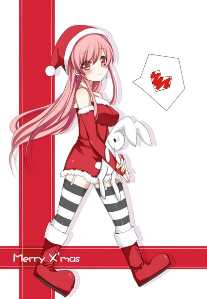 Anime picture 2123x3059 with original sei000 long hair tall image blush highres red eyes pink hair christmas girl thighhighs detached sleeves earrings boots striped thighhighs santa claus hat santa claus costume bunny