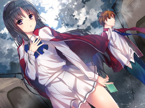 Anime picture 1666x1236 with youkoso jitsuryoku shijou shugi no kyoushitsu e horikita suzune ayanokouji kiyotaka yu yu long hair looking at viewer blush fringe short hair black hair brown hair standing purple eyes holding signed cloud (clouds) pleated skirt bare legs :o wet