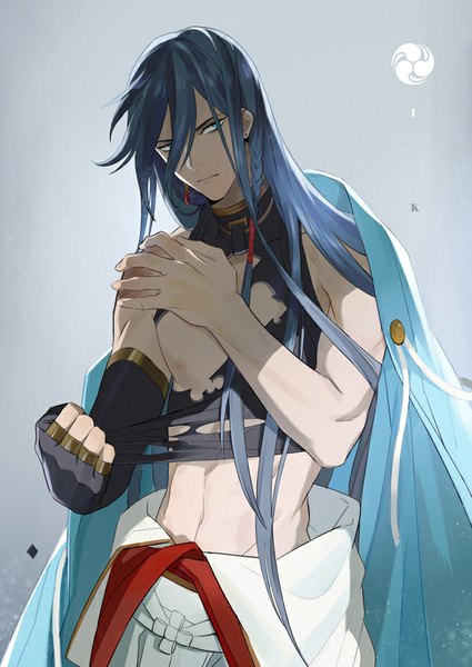 Anime picture 660x932 with touken ranbu nitroplus izuminokami kanesada inkerpape single long hair tall image looking at viewer blue eyes hair between eyes blue hair braid (braids) sleeveless torn clothes groin single braid muscle serious shirtless boy