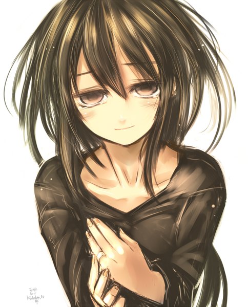 Anime picture 1500x1859 with original kotoba noriaki single tall image looking at viewer short hair black hair simple background white background brown eyes tears girl
