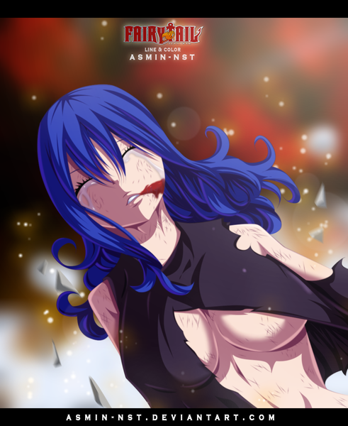 Anime picture 1000x1222 with fairy tail juvia lockser iitheluciferii single long hair tall image breasts light erotic large breasts blue hair eyes closed inscription copyright name tears coloring torn clothes letterboxed girl blood