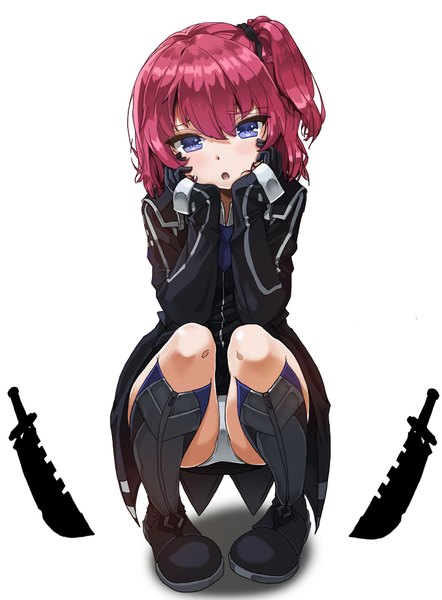 Anime picture 675x915 with closers seulbi lee lhu (barappra1) single tall image looking at viewer blush fringe short hair open mouth light erotic simple background hair between eyes white background purple eyes payot pink hair long sleeves head tilt :o