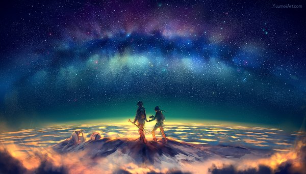 Anime picture 1500x857 with original yuumei long hair short hair wide image holding sky cloud (clouds) bent knee (knees) from behind back holding hands light horizon mountain landscape walking scenic milky way girl