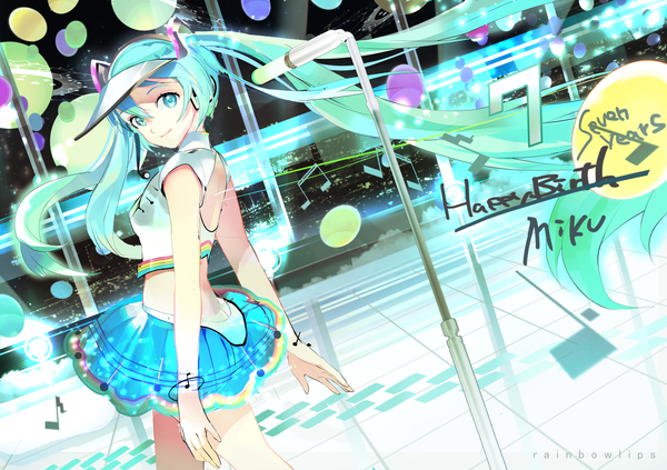 Anime picture 1204x850 with vocaloid hatsune miku 119 single smile twintails very long hair looking back aqua eyes aqua hair happy birthday girl skirt headphones microphone stand visor cap