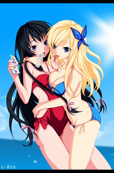 Anime picture 1050x1593 with boku wa tomodachi ga sukunai kashiwazaki sena mikazuki yozora i-azu long hair tall image open mouth blue eyes light erotic black hair blonde hair multiple girls sky cloud (clouds) pink eyes sunlight hug coloring letterboxed shoujo ai