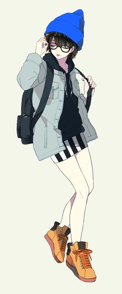 Anime picture 500x1204 with original asuna (i luv) single tall image fringe short hair black hair simple background eyes closed nail polish lips open jacket lipstick striped lacing walking makeup casual adjusting glasses multicolored nail polish