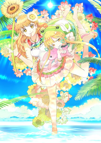 Anime picture 850x1200 with idolmaster cinderella girls futaba anzu moroboshi kirari 119 long hair tall image blonde hair standing twintails multiple girls yellow eyes sky cloud (clouds) bent knee (knees) barefoot hair flower bare legs sleeveless mouth hold low twintails