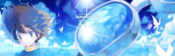 Anime picture 5000x1600 with digimon digimon adventure yagami taichi miyukiyo single looking at viewer blush highres short hair blue eyes smile brown hair wide image sky cloud (clouds) sunlight boy insect butterfly goggles
