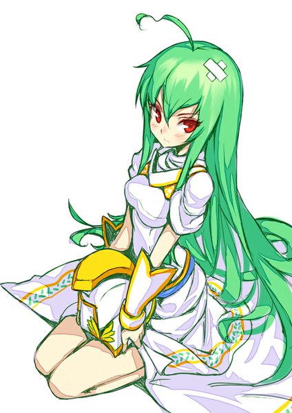 Anime picture 566x800 with puzzle & dragons athena (p&d) hong (white spider) single long hair tall image looking at viewer blush fringe simple background red eyes white background green hair embarrassed girl dress helmet