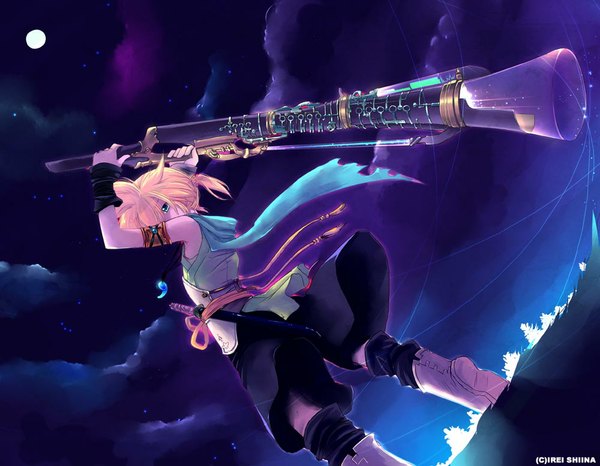 Anime picture 1000x778 with vocaloid kagamine len child-box single looking at viewer short hair blue eyes blonde hair standing sky cloud (clouds) ahoge ponytail looking back from below alternate costume night sky glowing glowing weapon boy