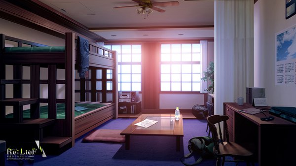 Anime picture 1280x720 with re:lief ebisutaro wide image sunlight inscription copyright name no people plant (plants) window book (books) bed bag chair table cup backpack glass calendar bedroom water bottle