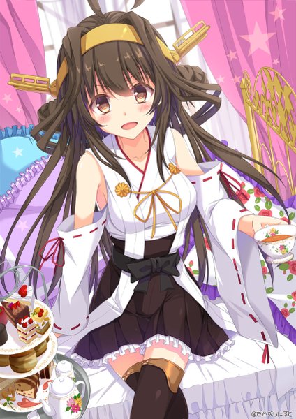Anime picture 850x1202 with kantai collection kongou battleship takanashi haruto single long hair tall image blush open mouth black hair smile brown eyes traditional clothes crossed legs nontraditional miko girl thighhighs skirt hair ornament black thighhighs detached sleeves
