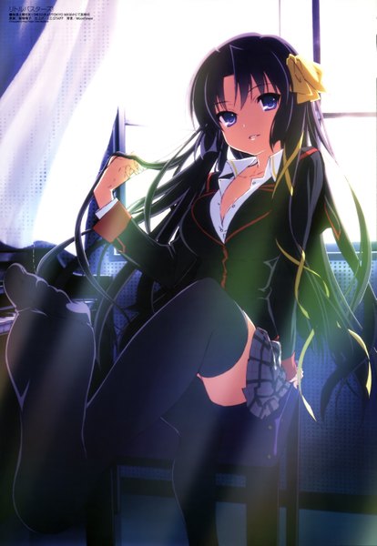 Anime picture 4089x5927 with little busters! key (studio) megami magazine kurugaya yuiko iizuka haruko long hair tall image looking at viewer highres black hair purple eyes absurdres official art legs girl thighhighs skirt uniform ribbon (ribbons) black thighhighs