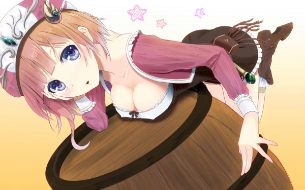 Anime picture 1200x750 with atelier (series) atelier totori gust (company) rororina fryxell borubikku (artist) single looking at viewer blush short hair breasts open mouth blue eyes light erotic brown hair wide image girl dress hat