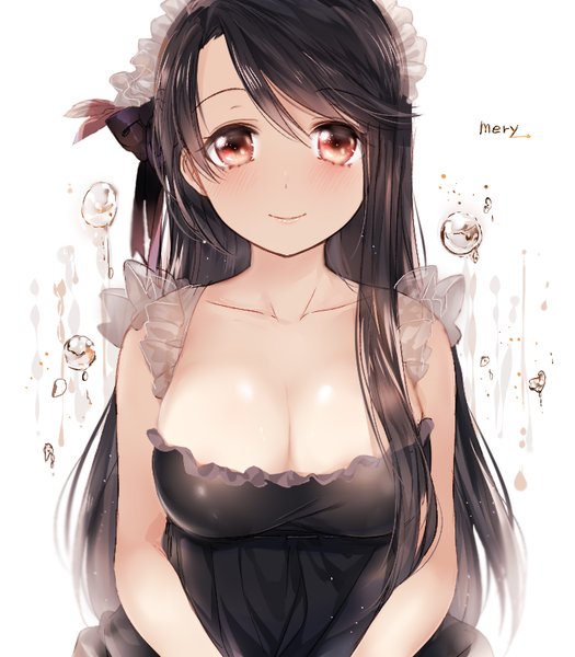 Anime picture 700x800 with original mery (yangmalgage) single long hair tall image looking at viewer fringe breasts light erotic black hair simple background smile red eyes large breasts white background signed cleavage upper body girl dress