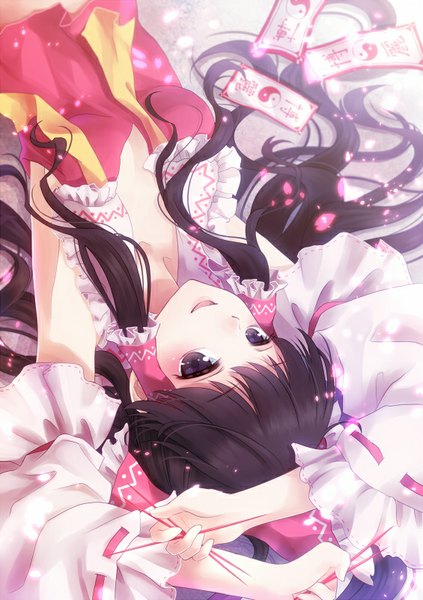 Anime picture 565x800 with touhou hakurei reimu nunucco single long hair tall image blush open mouth black hair smile black eyes arms up girl bow hair bow detached sleeves ofuda