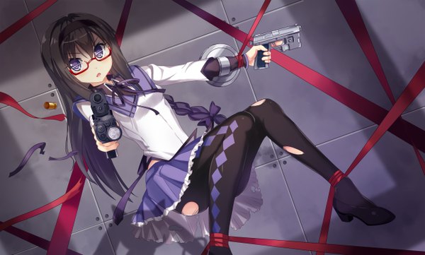 Anime picture 2491x1500 with mahou shoujo madoka magica shaft (studio) akemi homura dance of eternity single long hair looking at viewer highres black hair wide image purple eyes torn pantyhose girl dress bow ribbon (ribbons) weapon hair bow pantyhose glasses