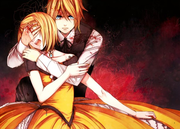 Anime picture 1500x1078 with vocaloid story of evil (vocaloid) kagamine rin kagamine len sagula looking at viewer short hair open mouth blue eyes blonde hair wallpaper twins girl dress boy blood suit