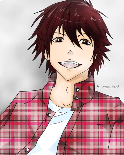 Anime picture 1100x1380 with original o-ren kira (artist) single tall image short hair open mouth simple background brown hair brown eyes signed grey background plaid boy shirt