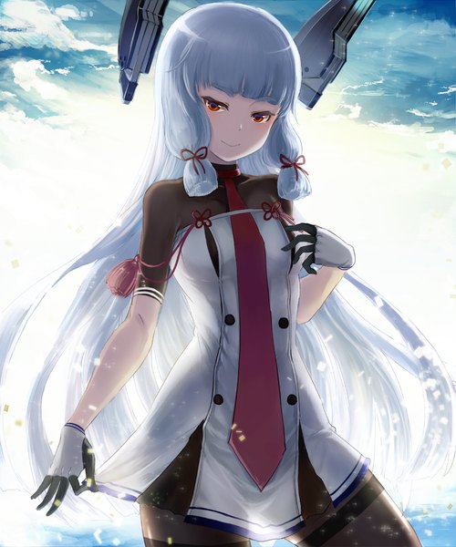 Anime picture 900x1080 with kantai collection murakumo destroyer uro (uro zi) single long hair tall image looking at viewer fringe smile red eyes standing blue hair sky cloud (clouds) sunlight short twintails tress ribbon girl ribbon (ribbons) hair ribbon