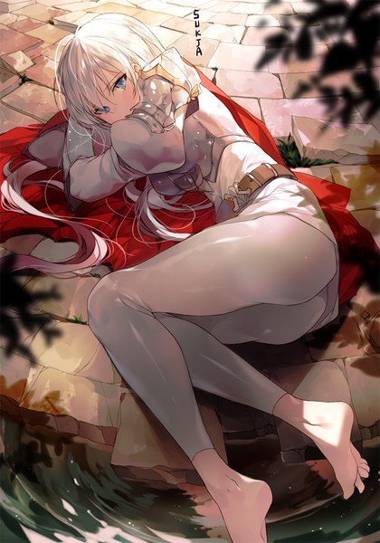 Anime picture 700x1000 with original sorolp single long hair tall image looking at viewer blush fringe blue eyes light erotic hair between eyes signed bent knee (knees) ass outdoors white hair lying barefoot from above sunlight