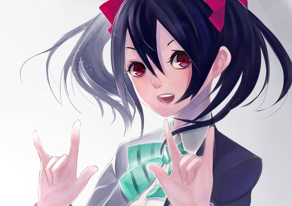 Anime picture 2000x1414 with love live! school idol project sunrise (studio) love live! yazawa nico junp single looking at viewer highres short hair open mouth black hair simple background red eyes twintails short twintails mmm girl uniform bow hair bow