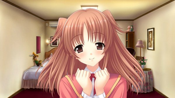 Anime picture 1280x720 with morobito kozorite (game) long hair brown hair wide image brown eyes game cg girl serafuku