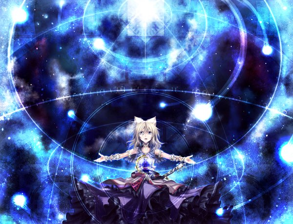 Anime picture 2250x1725 with touhou toyosatomimi no miko noise-111 single highres short hair open mouth blonde hair brown eyes animal ears magic spread arms space girl dress weapon sword