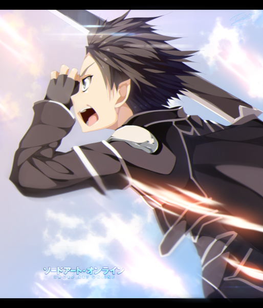 Anime picture 1000x1168 with sword art online a-1 pictures kirigaya kazuto tempestdh single tall image short hair open mouth black hair sky cloud (clouds) profile pointy ears inscription grey eyes coloring screaming boy gloves weapon