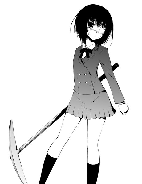 Anime picture 850x1105 with another p.a. works misaki mei noppi (noppi 98) single tall image looking at viewer short hair black hair simple background white background black eyes monochrome girl uniform weapon school uniform socks black socks eyepatch
