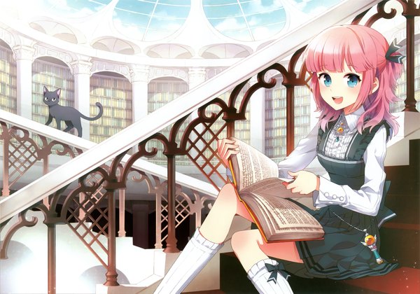 Anime picture 4765x3343 with original nardack single long hair blush fringe highres open mouth blue eyes smile pink hair absurdres indoors :d scan girl animal book (books) cat library