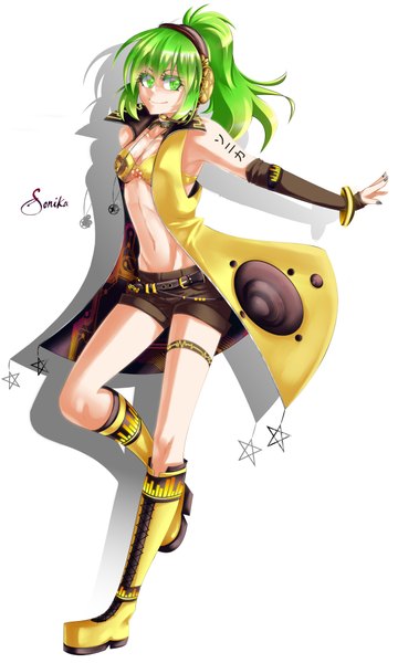 Anime picture 2504x4168 with vocaloid sonika long hair tall image highres simple background white background bare shoulders green eyes ponytail green hair girl navel shorts boots headphones