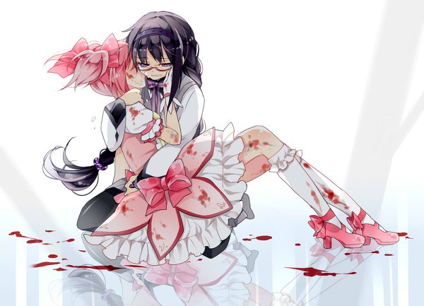 Anime picture 1200x866 with mahou shoujo madoka magica shaft (studio) akemi homura kaname madoka ayumaru (art of life) long hair short hair black hair simple background white background twintails purple eyes multiple girls pink hair full body braid (braids) twin braids short twintails reflection crying