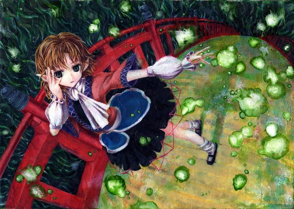 Anime picture 1999x1428 with touhou mizuhashi parsee kabaji single looking at viewer highres short hair brown hair green eyes full body from above pointy ears outstretched arm traditional media girl detached sleeves bridge