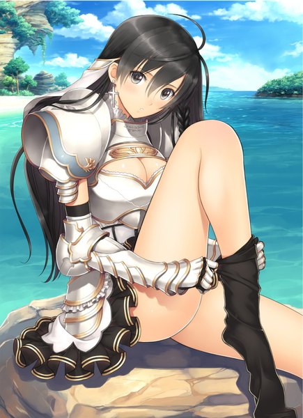 Anime picture 1318x1817 with shining (series) shining resonance sonia blanche tony taka single long hair tall image looking at viewer light erotic black hair absurdres sky cloud (clouds) black eyes scan official art legs girl thighhighs dress