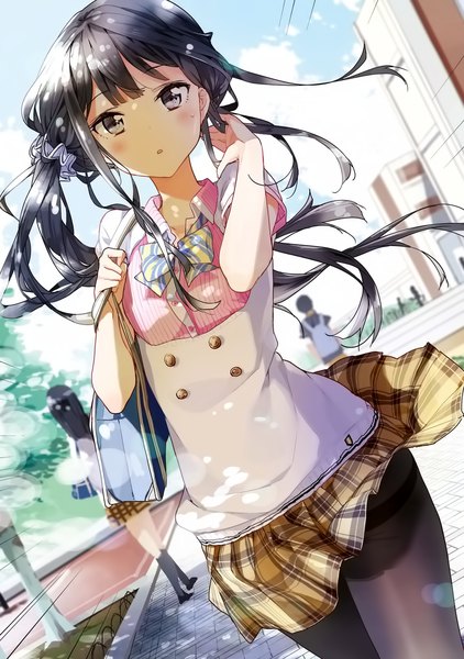 Anime picture 1207x1716 with masamune-kun no revenge silver link adagaki aki tiv long hair tall image looking at viewer blush fringe black hair multiple girls holding sky cloud (clouds) outdoors parted lips pleated skirt wind sunlight :o