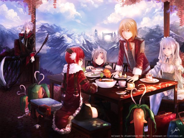 Anime picture 1600x1200 with emil chronicle online original tsunoh long hair short hair blonde hair sitting multiple girls signed silver hair cloud (clouds) white hair red hair braid (braids) multiple boys mountain girl thighhighs dress boy