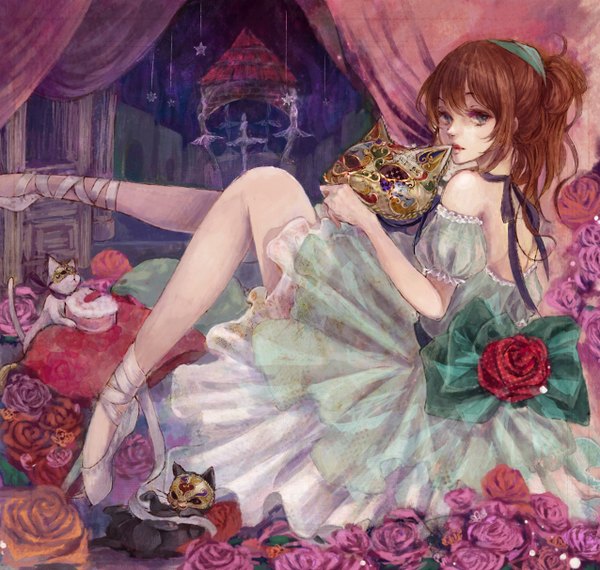 Anime picture 1276x1214 with original piyoyanagi long hair blue eyes brown hair sitting bare shoulders legs back girl dress ribbon (ribbons) bow rose (roses) star (symbol) cat mask