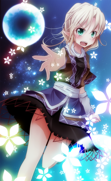 Anime picture 1000x1618 with touhou mizuhashi parsee s-syogo single tall image blush short hair open mouth blonde hair green eyes pointy ears girl dress flower (flowers) detached sleeves