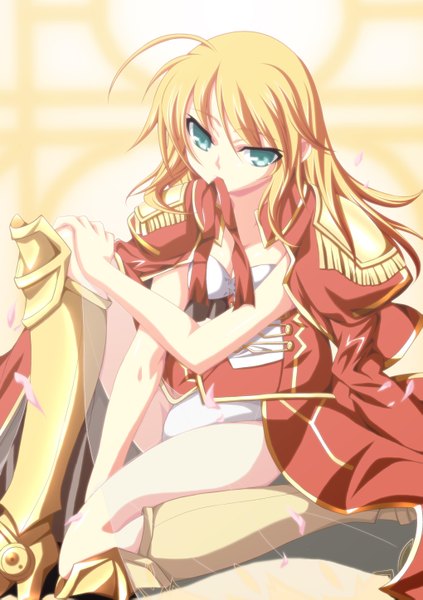 Anime picture 2039x2894 with fate (series) fate/stay night fate/extra studio deen type-moon nero claudius (fate) (all) nero claudius (fate) ka2 (artist) single long hair tall image highres light erotic holding green eyes orange hair mouth hold alternate hairstyle ribbon in mouth hair down