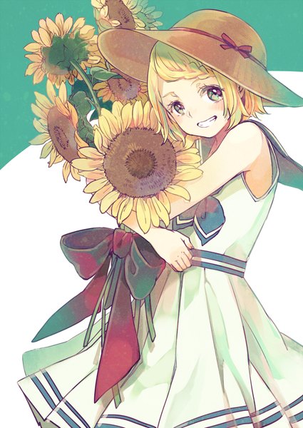 Anime picture 752x1062 with vocaloid kagamine rin kamogawa akira single tall image looking at viewer blush short hair blue eyes blonde hair smile grin girl dress flower (flowers) bow hat sailor suit sunflower