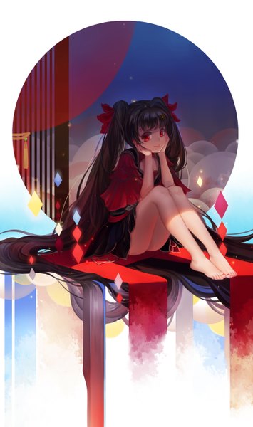 Anime picture 800x1350 with ching nu yu hun huazha01 single tall image looking at viewer fringe black hair smile red eyes sitting twintails sky cloud (clouds) full body bent knee (knees) very long hair nail polish barefoot fingernails bare legs
