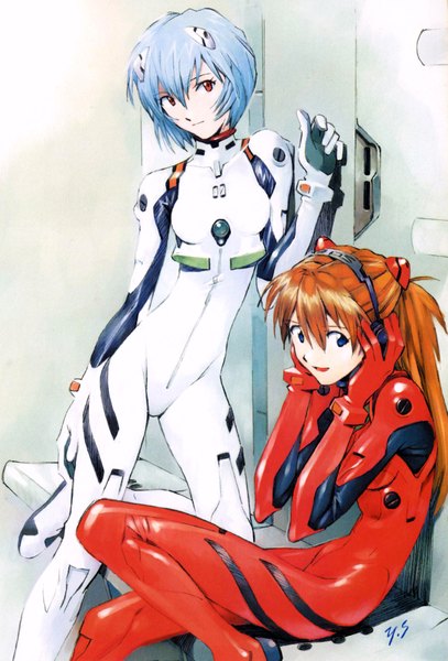 Anime picture 3038x4473 with neon genesis evangelion gainax soryu asuka langley ayanami rei long hair tall image highres short hair blue eyes red eyes multiple girls blue hair absurdres orange hair girl hair ornament 2 girls headphones bodysuit pilot suit