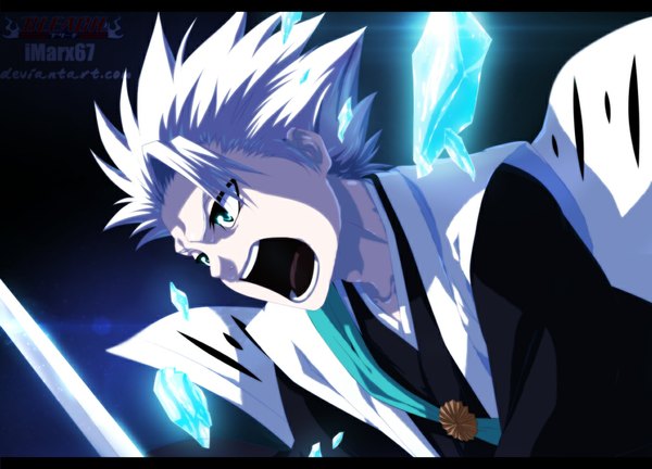 Anime picture 1166x840 with bleach studio pierrot hitsugaya toushirou eroishi single short hair open mouth white hair japanese clothes aqua eyes inscription coloring angry boy weapon sword kimono katana debris