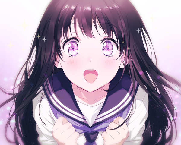 Anime picture 1100x882 with hyouka kyoto animation chitanda eru mery (yangmalgage) single long hair looking at viewer blush fringe open mouth black hair simple background purple eyes teeth sparkle gradient background happy purple background girl uniform