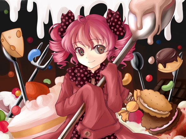 Anime picture 3149x2362 with mahou shoujo madoka magica shaft (studio) charlotte (madoka magica) nanairo single highres twintails pink hair long sleeves light smile drill hair short twintails polka dot multicolored eyes girl fork cookie (cookies)