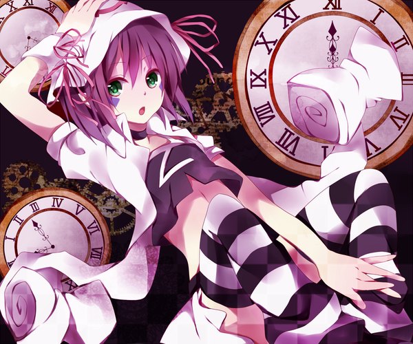 Anime picture 1200x1000 with yumekui merry merry nightmare single short hair open mouth green eyes purple hair hand on head girl thighhighs hat striped thighhighs clock pocket watch