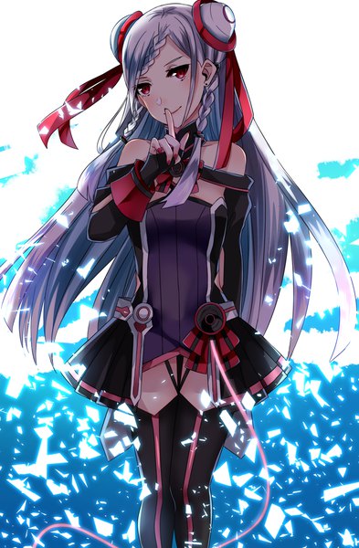 Anime picture 1961x2991 with sword art online sword art online the movie: ordinal scale a-1 pictures yuna (sao) getsuyoubi single long hair tall image looking at viewer blush highres smile red eyes white background silver hair braid (braids) nail polish pleated skirt fingernails sleeveless