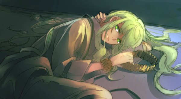 Anime picture 2260x1244 with fate (series) fate/strange fake type-moon enkidu (fate) single long hair looking at viewer fringe highres wide image green eyes lying green hair on side girl bracelet jewelry necklace